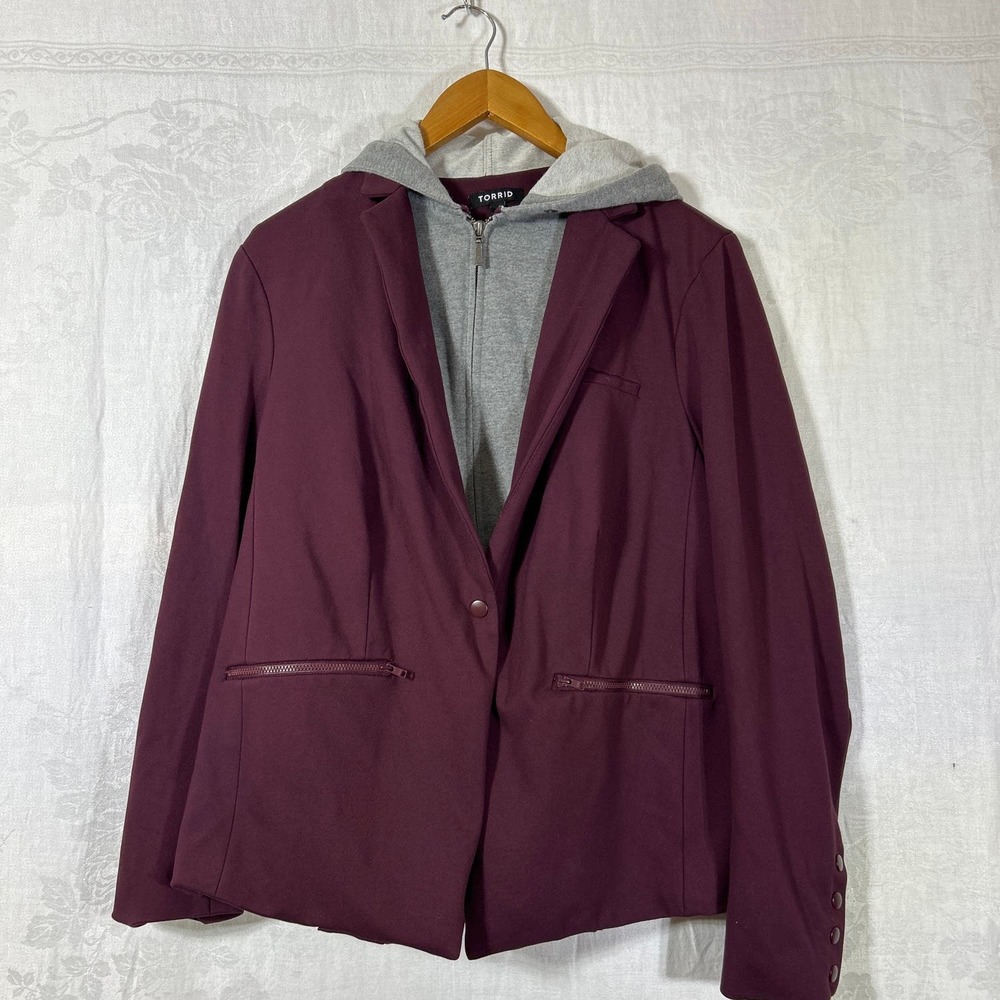 Torrid 1 1X Jacket Burgundy Gray Knit Blazer Hoodie Zip Layered Look